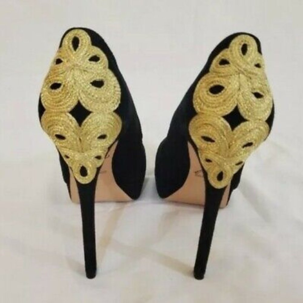 Brian Atwood Raja Peep Toe Platform Heels Black Suede Gold Embellish sz 8.5